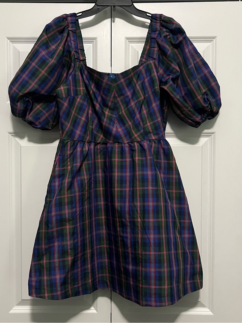 Navy Blue Tartan Plaid Puff Sleeve Mini Dress with Pockets